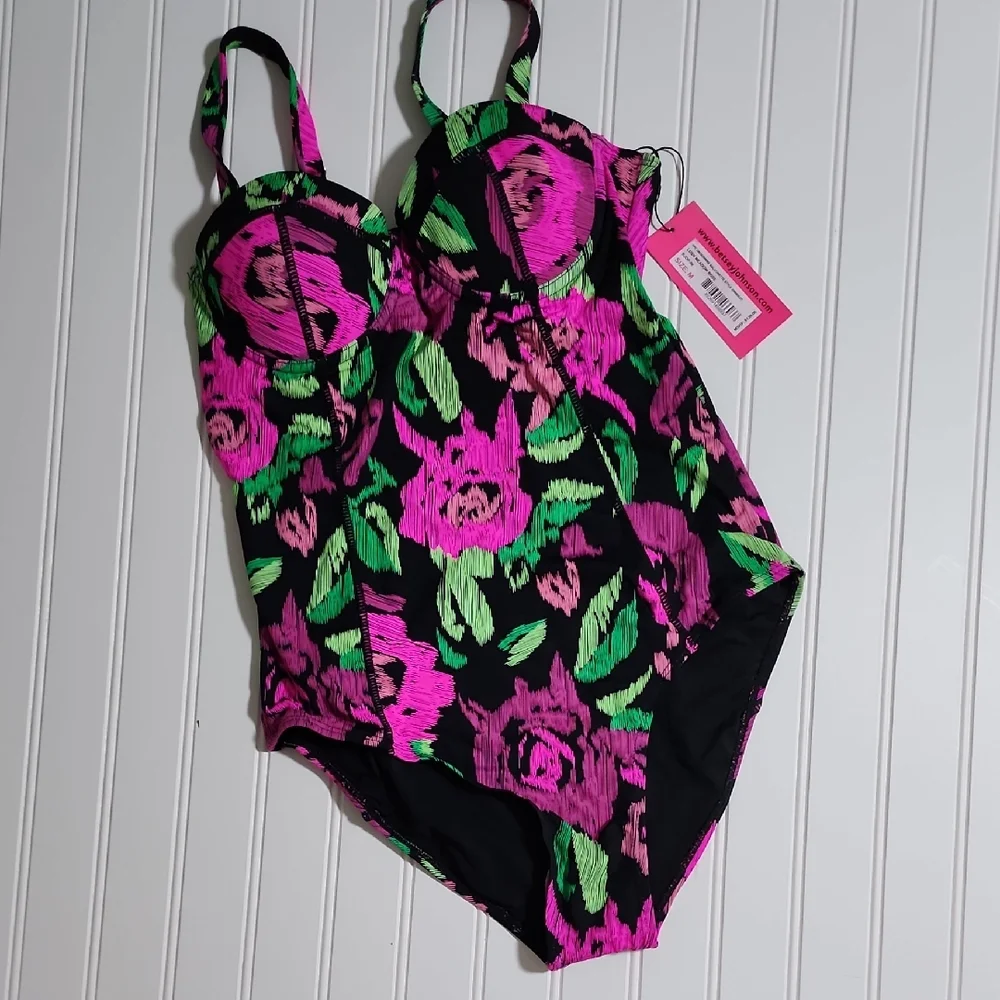 Betsey Johnson Swimsuit Balconette Style Roses Black Pink 1-Pc Size Medium NWT